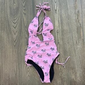 NWOT Jacque Designs One-Piece Bathing Suit Palm Tree Print High Cut Pink Size M